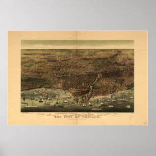 Póster Mapa panorâmico antigo de Chicago Illinois 1892