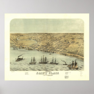 Poster Mapa panorâmico antigo de Clair Michigan 1868 do