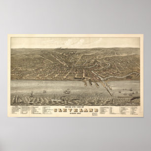 Póster Mapa panorâmico antigo de Cleveland Ohio 1877
