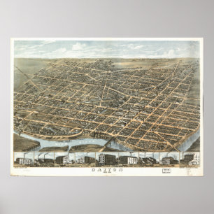 Póster Mapa panorâmico antigo de Dayton Ohio 1870
