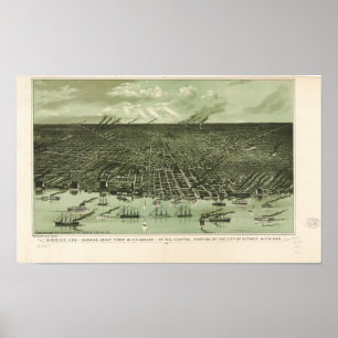 Poster Mapa panorâmico antigo de Detroit Michigan 1889