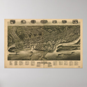 Poster Mapa panorâmico antigo de Dubuque Iowa 1889