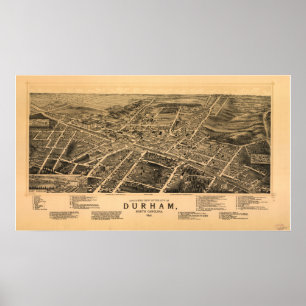 Póster Mapa panorâmico antigo de Durham N. Carolina 1891