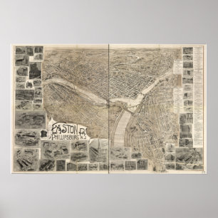Póster Mapa panorâmico antigo de Easton Pensilvânia 190