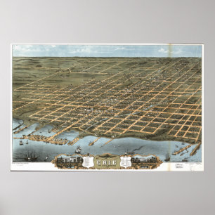 Póster Mapa panorâmico antigo de Erie Pensilvânia 1870