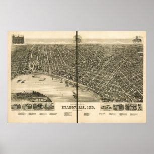 Poster Mapa panorâmico antigo de Evansville Indiana 1888