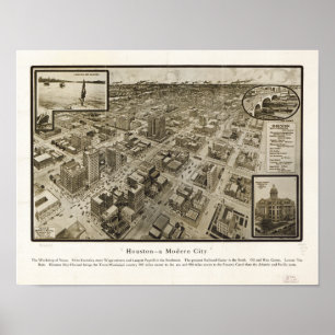 Póster Mapa panorâmico antigo de Houston Texas 1912 do