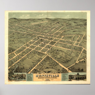 Póster Mapa panorâmico antigo de Huntsville Alabama 1871