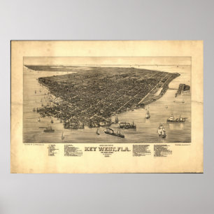 Póster Mapa panorâmico antigo de Key West Florida 1884
