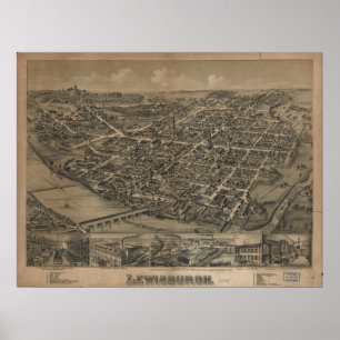 Póster Mapa panorâmico antigo de Lewisburg Pensilvânia