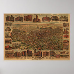 Póster Mapa panorâmico antigo de Los Angeles Califórnia