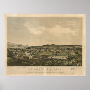 Poster Mapa panorâmico antigo de Ludlow Vermont 1859
