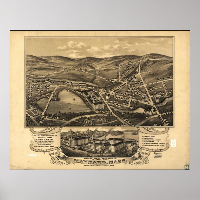 Poster Mapa Panorâmico Antigo de Maynard Massachusetts 18 (Frente)