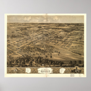 Póster Mapa panorâmico antigo de México Missouri 1869