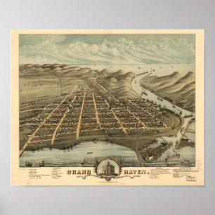 Poster Mapa panorâmico antigo de Michigan 1874 grandes d