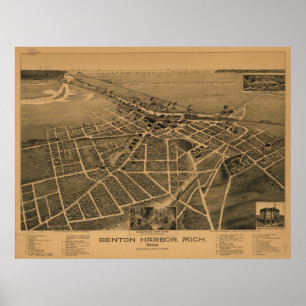 Póster Mapa panorâmico antigo de Michigan 1889 do porto