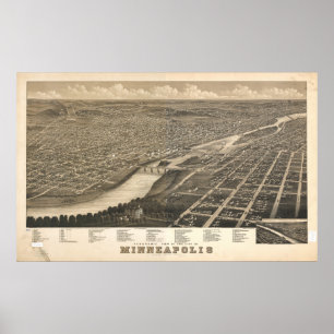 Póster Mapa panorâmico antigo de Minneapolis Minnesota