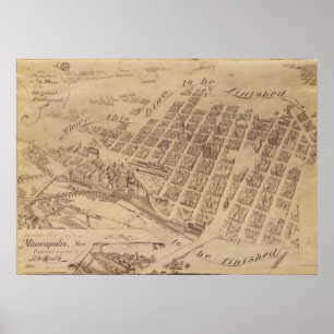 Póster Mapa panorâmico antigo de Minneapolis Minnesota