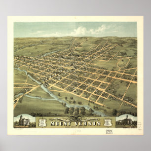 Póster Mapa panorâmico antigo de Mount Vernon Ohio 1870