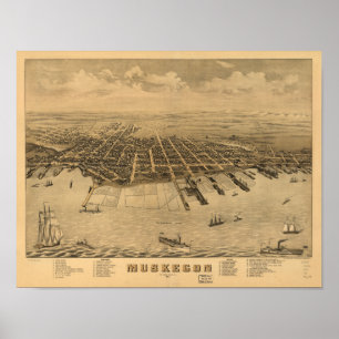 Póster Mapa panorâmico antigo de Muskegon Michigan 1874