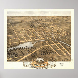 Póster Mapa panorâmico antigo de Naperville Illinois 186