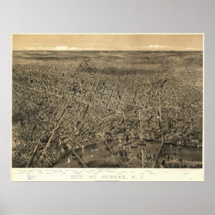 Póster Mapa panorâmico antigo de Newark New-jersey 1874