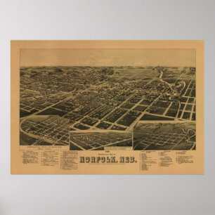 Póster Mapa panorâmico antigo de Norfolk Nebraska 1889