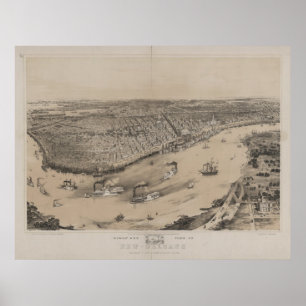 Poster Mapa panorâmico antigo de Nova Orleães Louisana