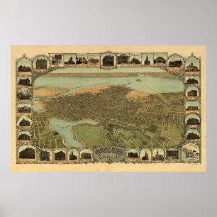 Póster Mapa panorâmico antigo de Oakland Califórnia 190