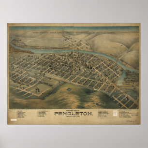 Póster Mapa panorâmico antigo de Pendleton Oregon 1890