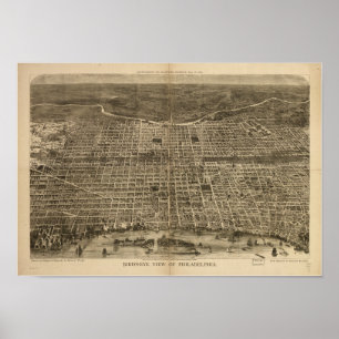 Póster Mapa panorâmico antigo de Philadelphfia Penn 1872