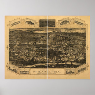 Póster Mapa panorâmico antigo de Philadelphfia Penn 1876