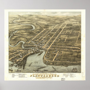 Póster Mapa panorâmico antigo de Plattsburgh New York