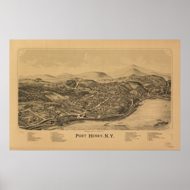 Póster Mapa Panorâmico Antigo de Port Henry New York 1889 (Frente)