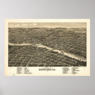 Poster Mapa panorâmico antigo de Rockford Illinois 1880