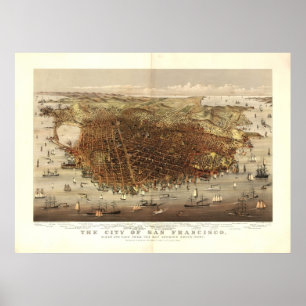 Poster Mapa panorâmico antigo de San Francisco CA 1878
