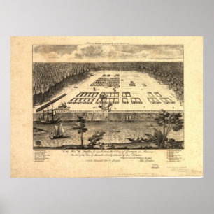 Poster Mapa Panorâmico Antigo de Savannah Georgia 1734