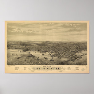 Póster Mapa panorâmico antigo de Seattle Washington 1878