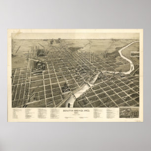 Poster Mapa panorâmico antigo de South Bend Indiana 1890