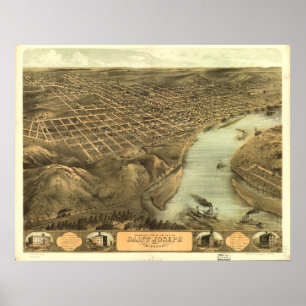 Póster Mapa panorâmico antigo de St Joseph Missouri 1868
