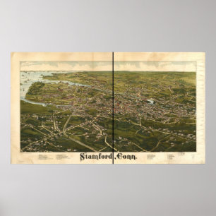 Póster Mapa panorâmico antigo de Stamford Connecticut