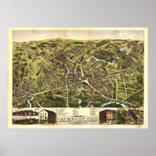 Póster Mapa panorâmico antigo de Taunton Massachusetts