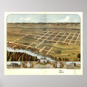Póster Mapa panorâmico antigo de Ulm Minnesota 1870 novo
