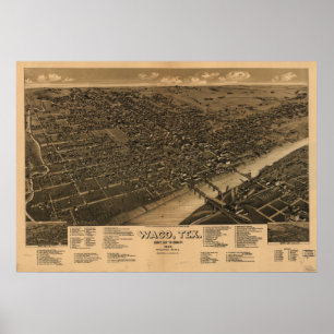 Poster Mapa panorâmico antigo de Waco Texas 1886