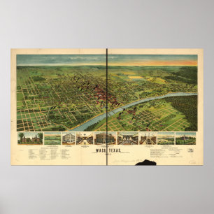 Poster Mapa panorâmico antigo de Waco Texas 1892