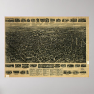 Poster Mapa panorâmico antigo de Waterbury Connecticut