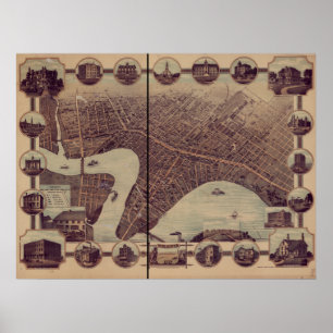 Póster Mapa panorâmico antigo de Winnipeg Manitoba 1884