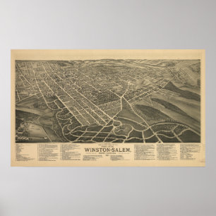 Póster Mapa panorâmico antigo de Winston-Salem N.