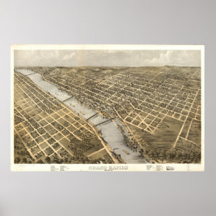 Póster Mapa Panorâmico Antigo do Grand Rapids Michigan 18