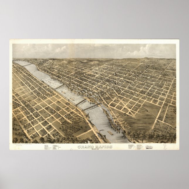 Póster Mapa Panorâmico Antigo do Grand Rapids Michigan 18 (Frente)